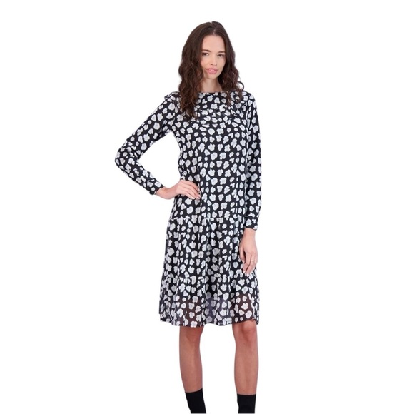 Udel Dresses & Skirts - Udel Black and White Floral Print Long Sleeve Dress Midi Knee Length Size Small